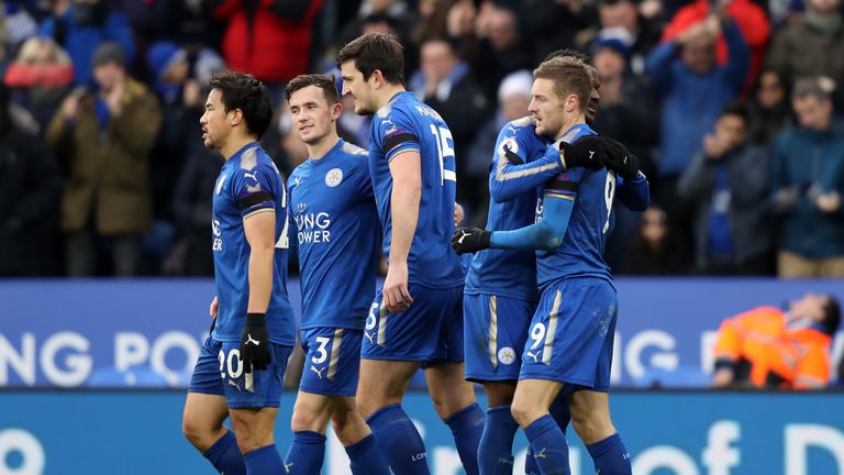 Jamie Vardy celebrates after converting his penalty to make it 1-0 at the King Power Stadium