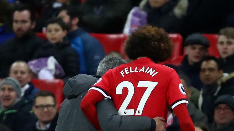 Marouane Fellaini is substituted by Jose Mourinho during the Premier League match against Tottenham at Wembley Stadium