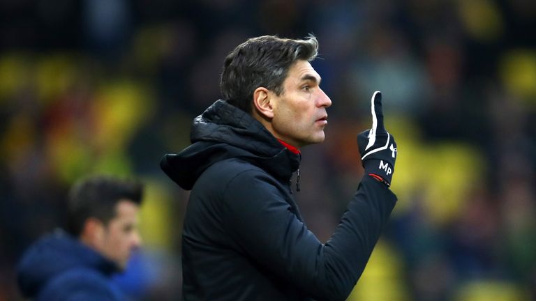 Mauricio Pellegrino gives his team instructions during the Premier League match between Watford and Southampton