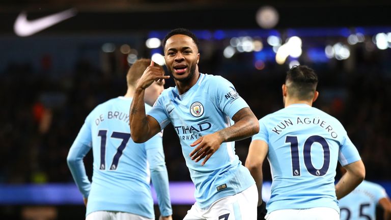 Raheem Sterling celebrates after scoring Manchester City's first goal against Watford at the Etihad Stadium