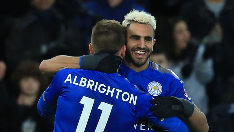 Riyad Mahrez celebrates his goal with team-mate Marc Albrighton