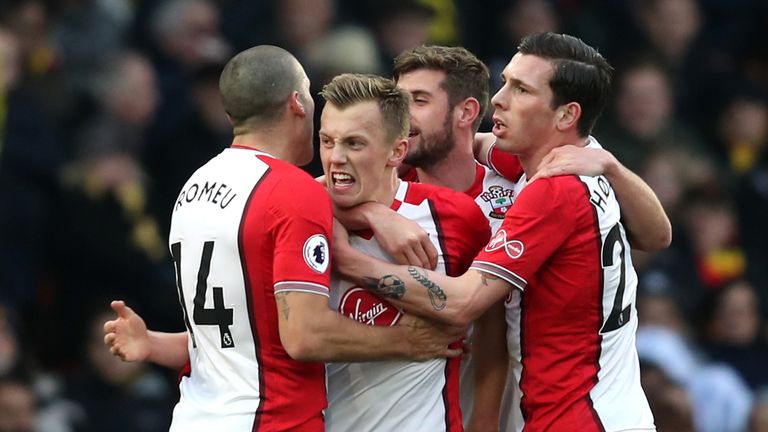 James Ward-Prowse is congratulated by team-mates after making it 1-0