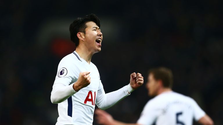 Heung-Min Son celebrates after scoring the opening goal in the game between Tottenham and Everton