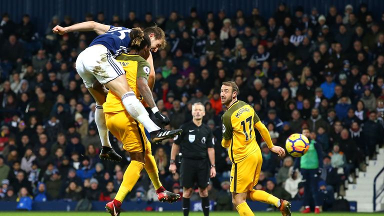 Craig Dawson heads a second goal for West Brom at The Hawthorns