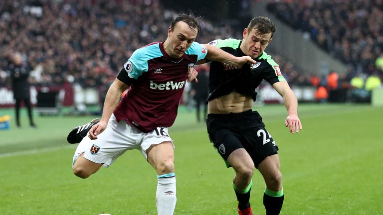 LONDON, ENGLAND - JANUARY 20:  Mark Noble of West Ham United and Ryan Fraser of AFC Bournemouth battle for possession during the Premier League match betwe