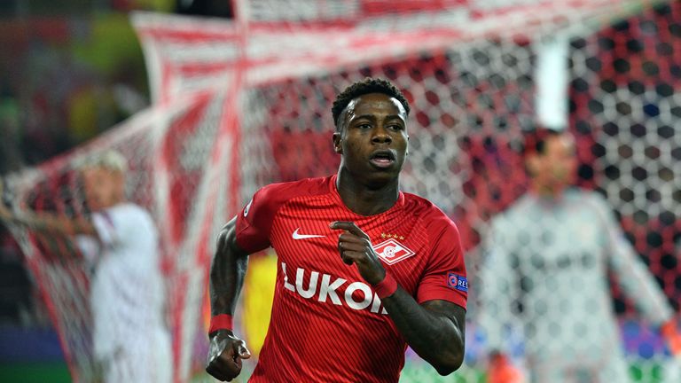 Spartak Moscow's forward from Netherlands Quincy Promes celebrates after scoring a goal during the UEFA Champions League Group E football match between FC 