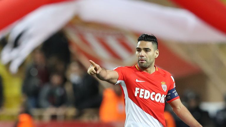 Monaco's Colombian forward Radamel Falcao celebrates after scoring during the French L1 football match Monaco vs Nice on January 16, 2018 at the Louis II s