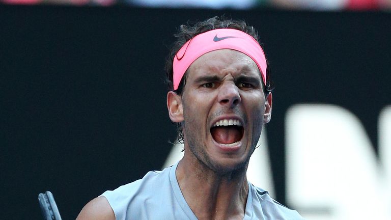 Rafael Nadal of Spain celebrates winning match point in his second round match against Leonardo Mayer of Argentina