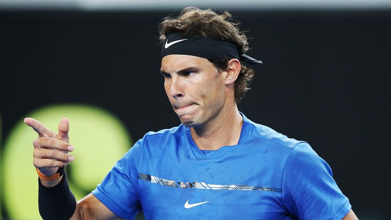 Rafael Nadal of Spain hits a backhand reacts during the Tie Break Tens ahead of the 2018 Australian Open