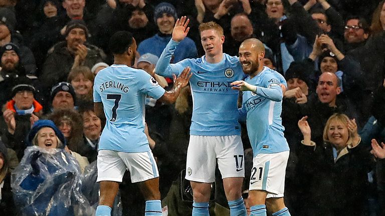 Raheem Sterling, Kevin De Bruyne and David Silva celebrate their second goal of the game