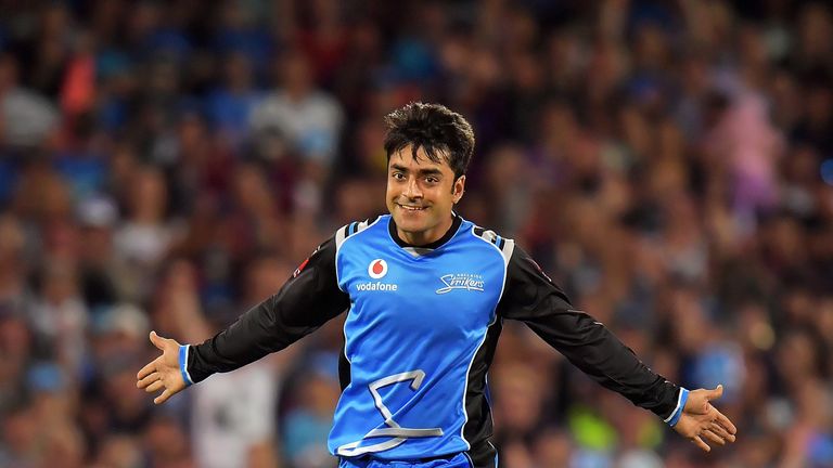 ADELAIDE, AUSTRALIA - DECEMBER 31:  Rashid Khan of the Adelaide Strikers celebrates after taking a wicket during the Big Bash League match between the Adel