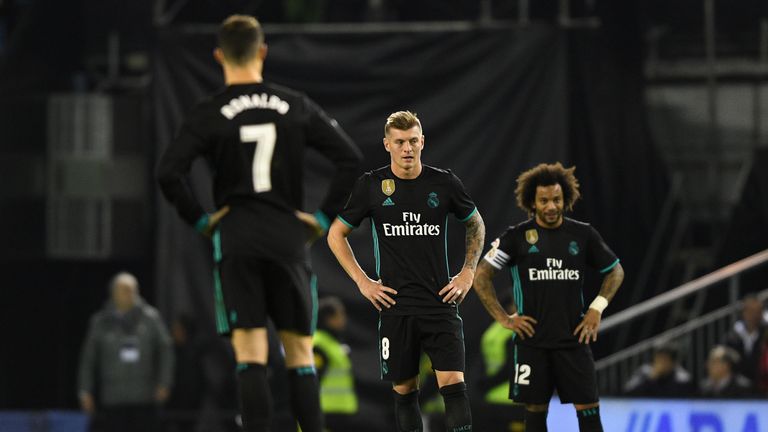 Real Madrid's Cristiano Ronaldo, Toni Kroos and Marcelo appear dejected during the La Liga match against Celta Vigo