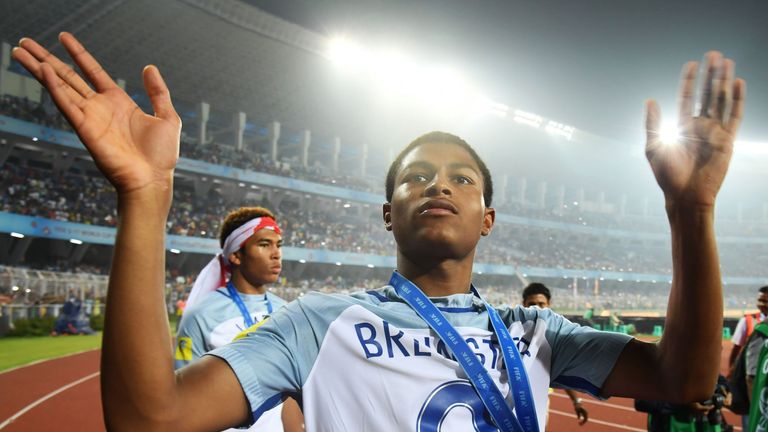Rhian Brewster celebrates winning the golden boot for the highest scorer after England's win over Spain in the final FIFA U-17 World Cup 