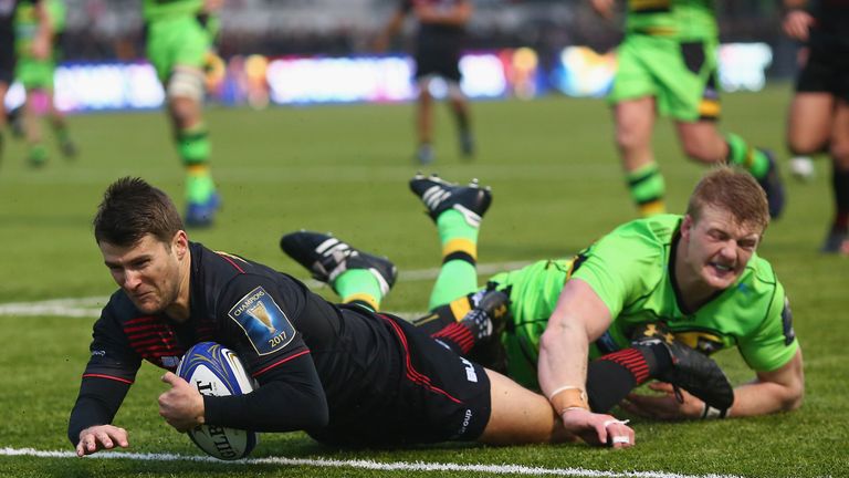 Richard Wigglesworth of Saracens scores a try during the European Rugby Champions Cup match between Saracens and Northampton 