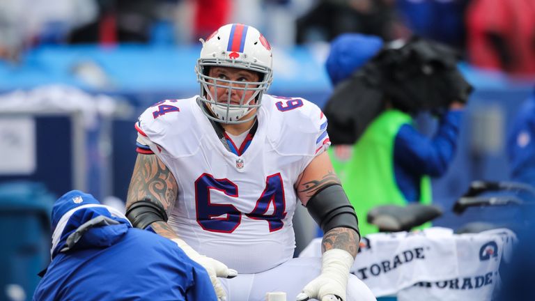 ORCHARD PARK, NY - OCTOBER 29:  Richie Incognito #64 of the Buffalo Bills gets his ankle taped during the third quarter of an NFL game against the Oakland 