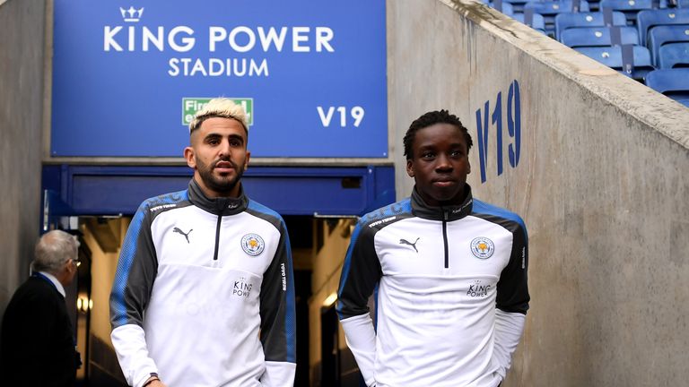 LEICESTER, ENGLAND - JANUARY 20:  Riyad Mahrez and Fousseni Diabate of Leicester City arrive prior to the Premier League match between Leicester City and W