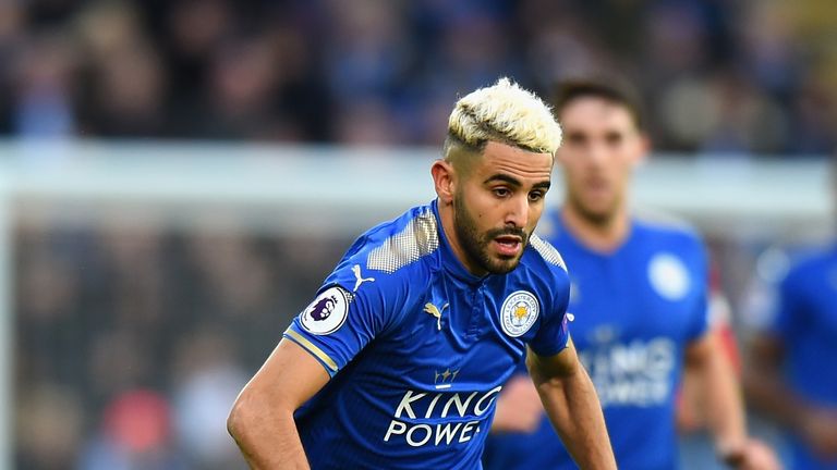 Riyad Mahrez in action during the Premier League match between Leicester City and Huddersfield Town at The King Power Stadium