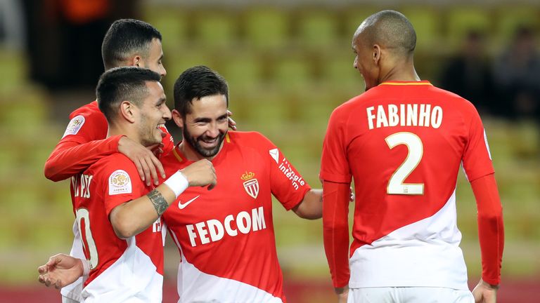 Monaco midfielder Rony Lopes celebrates with team-mates after scoring a late goal