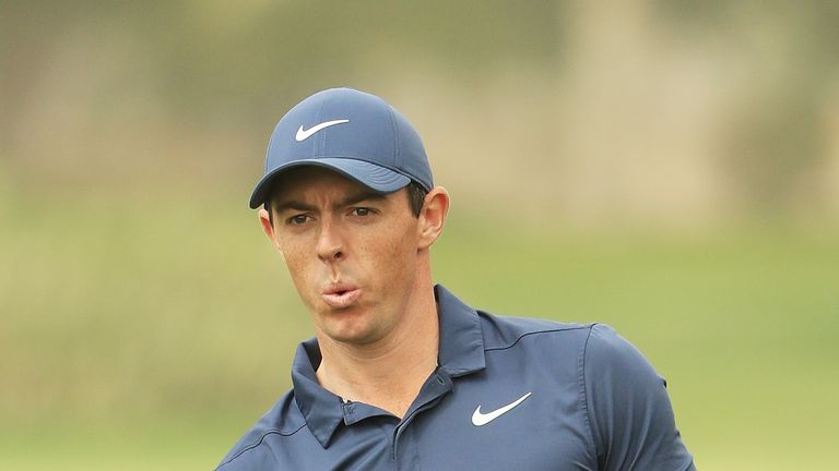 Rory McIlroy of Northern Ireland plays his second shot on the second hole during the final round of the Abu Dhabi Championship
