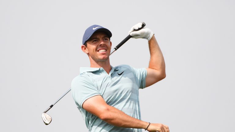 DUBAI, UNITED ARAB EMIRATES - JANUARY 28:  Rory McIlroy of Northern Ireland reacts after he tees off on the 4th hole during the final round on day four of 