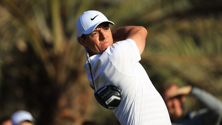 ABU DHABI, UNITED ARAB EMIRATES - JANUARY 18:  Rory McIlroy of Northern Ireland plays his shot from the 14th tee during round one of the Abu Dhabi HSBC Gol