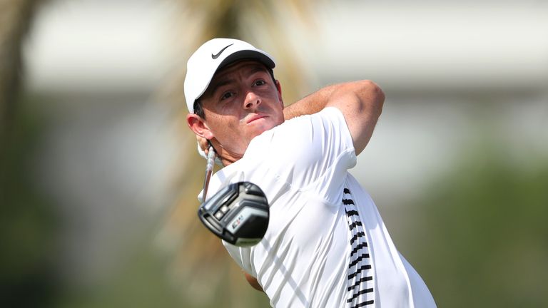 DUBAI, UNITED ARAB EMIRATES - JANUARY 27:  Rory McIlroy of Northern Ireland tees off on the 3rd hole during day three of Omega Dubai Desert Classic at Emir