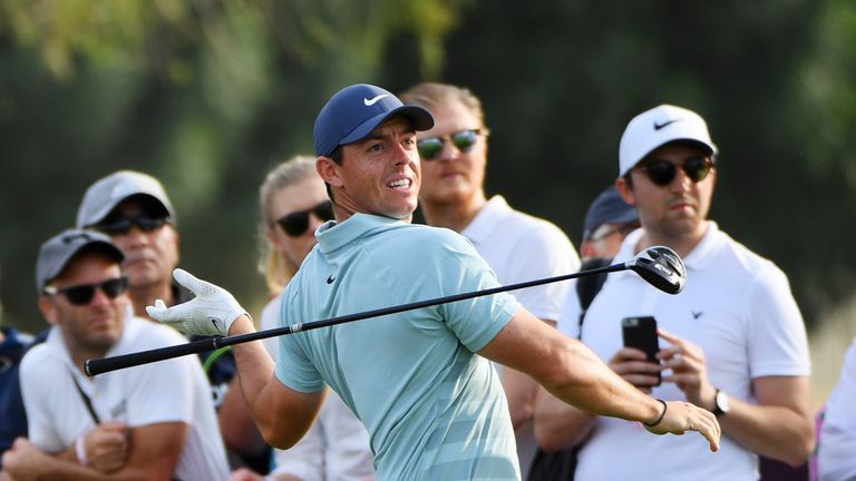 DUBAI, UNITED ARAB EMIRATES - JANUARY 28:  Rory McIlroy of Northern Ireland lets go of his driver as he tees off on the 16th hole during the final round on