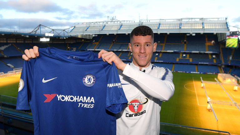 Ross Barkley poses after signing for Chelsea at Stamford Bridge on January 5, 2018