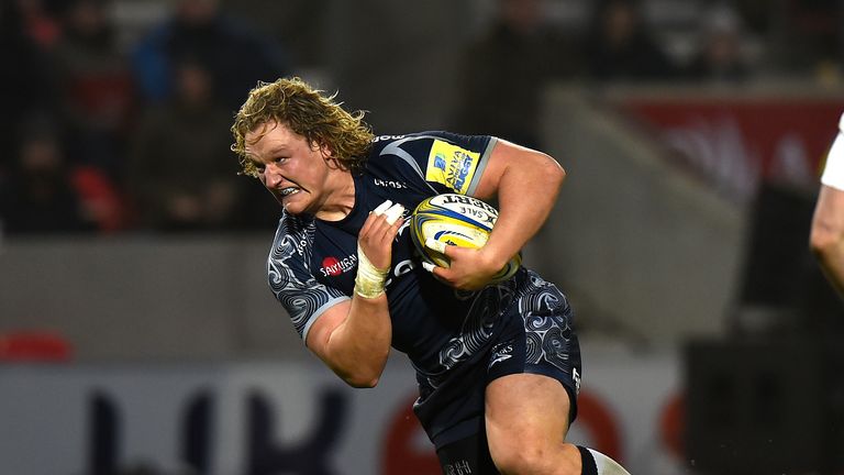 SALFORD, ENGLAND - DECEMBER 23:  Ross Harrison of Sale Sharks during the Aviva Premiership match between Sale Sharks and Bath Rugby at AJ Bell Stadium on D
