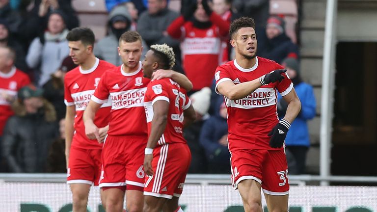Rudy Gestede of Middlesbrough celebrates scoring the opener