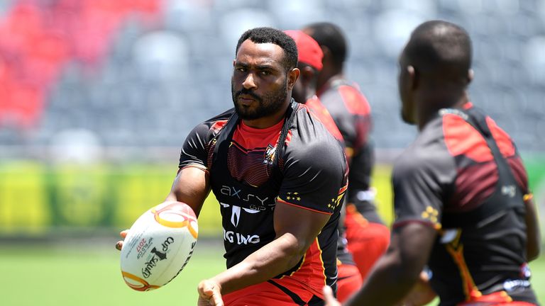 PORT MORESBY, PAPUA NEW GUINEA - NOVEMBER 11: Stanton Albert passes the ball during a PNG Kumuls Rugby League World Cup captain's run on November 11, 2017 