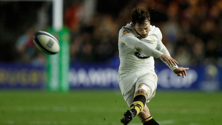 Danny Cipriani  converts a try during the European Rugby Champions Cup match between Harlequins and Wasps