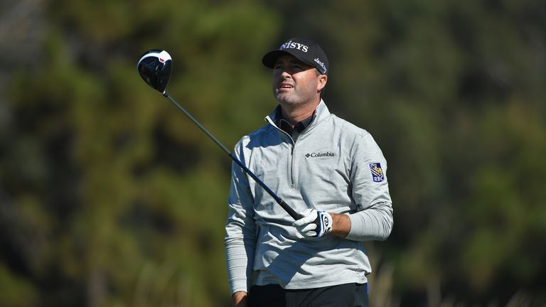Ryan Palmer reacts after playing his shot from the 14th tee during the second round of the Farmers Insurance Open at Torrey Pines