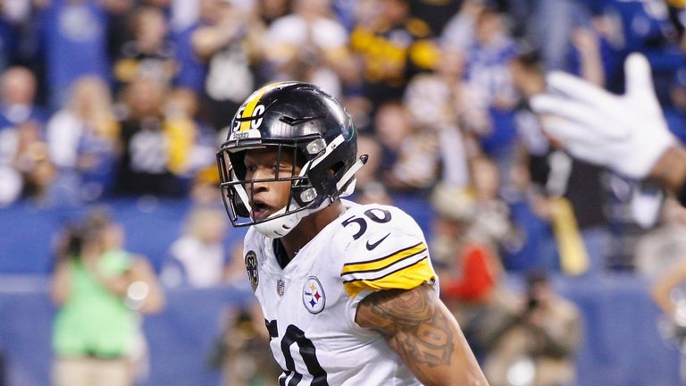 Pittsburgh Steelers Ryan Shazier celebrates his  interception against the Indianapolis Colts at Lucas Oil Stadium on November 12, 2017 in Indianapolis.