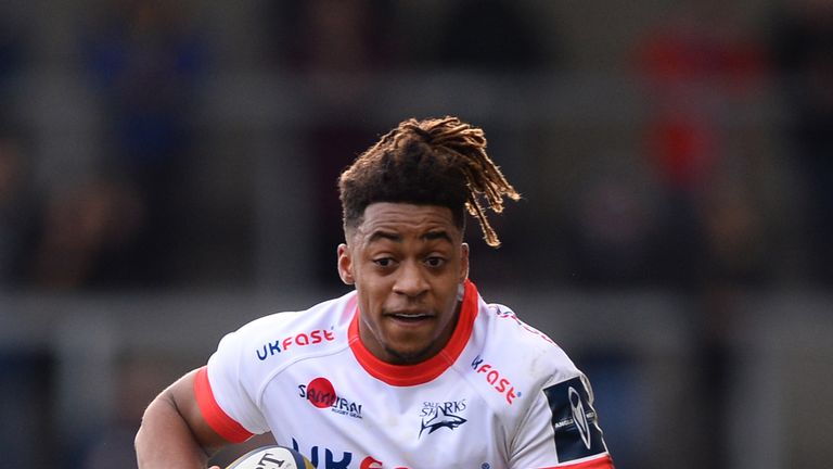 SALFORD, ENGLAND - JANUARY 27: Paolo Odogwu of Sale Sharks in action during the Anglo-Welsh Cup match between Sale Sharks and Northampton Saints at AJ Bell