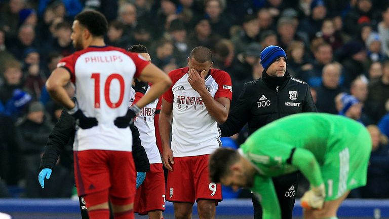 West Bromwich Albion's Salomon Rondon looks upset after his shot resulted in a bad injury for Everton's James McCarthy during the Premier League match at G