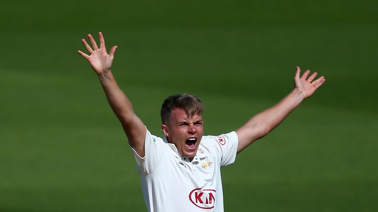 LONDON, ENGLAND - AUGUST 28:  Sam Curran of Surrey appeals unsuccessfully during day one of the Specsavers County Championship Division One match between S