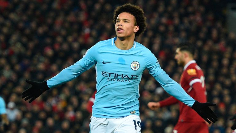 Leroy Sane scores for Manchester City against Liverpool in the Premier League.