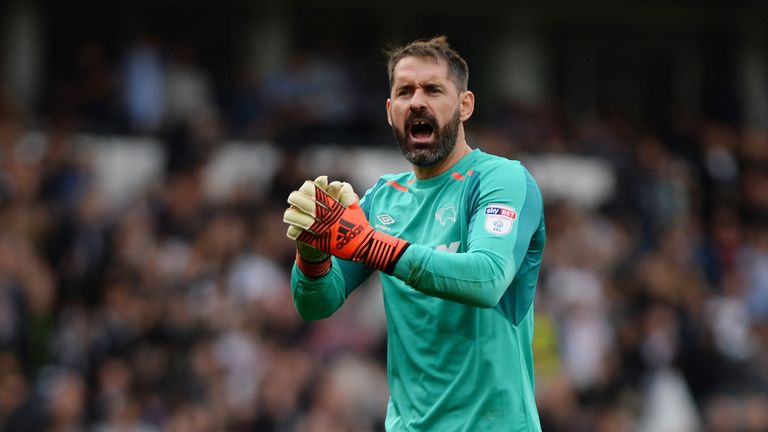 DERBY, ENGLAND - OCTOBER 15: Scott Carson of Derby claps the fans after the Sky Bet Championship match between Derby County and Nottingham Forest at iPro S