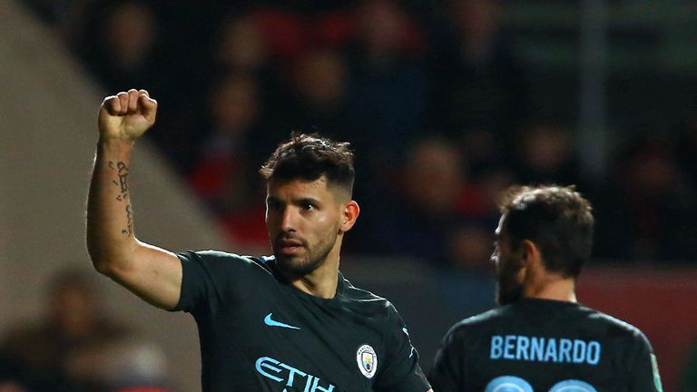 Manchester City's Sergio Aguero celebrates after scoring their second goal during the Carabao Cup semi-final, second leg match v Bristol City