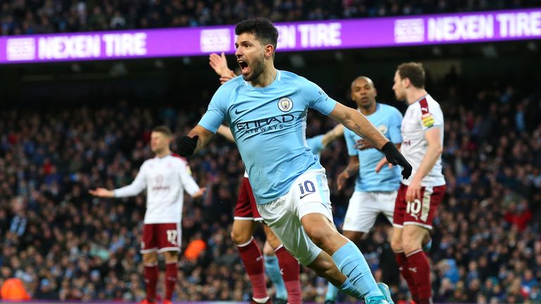 Sergio Aguero of Manchester City celebrates scoring his side's first goal during The Emirates FA Cup Third Round match v Burnley