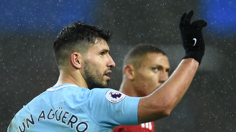 Sergio Aguero celebrates scoring Manchester City's third goal