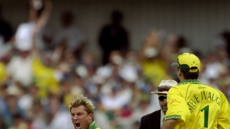 Shane Warne of Australia celebrates a South African wicket in the World Cup Super Six match at Headingley in Leeds