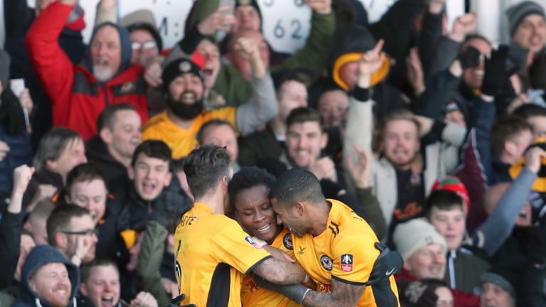 Newport County's Shawn McCoulsky (centre) celebrates scoring the winner against Leeds