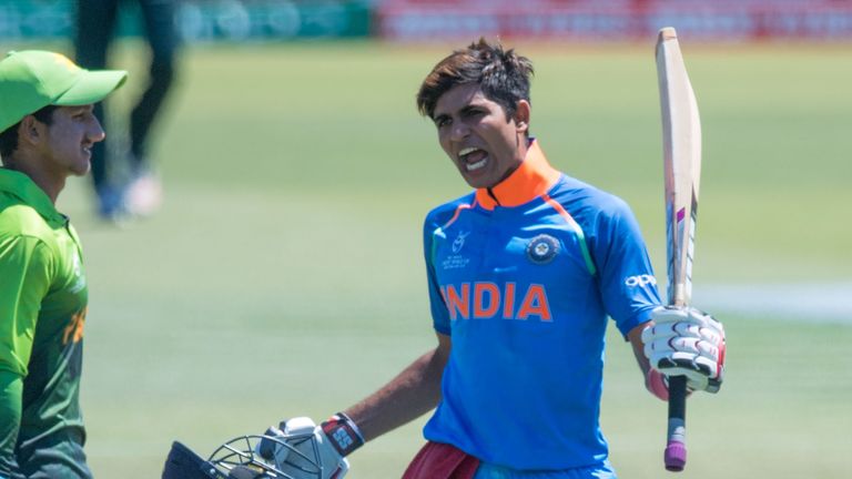 India's Shubman Gill celebrates 100 runs during the U19 semi-final cricket World Cup match between India and Pakistan at Hagley Oval in Christchurch