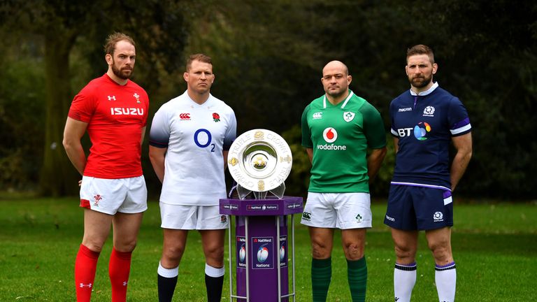 LONDON, ENGLAND - JANUARY 24:  Alun Wyn Jones of Wales, Dylan Hartley of England, Rory Best of Ireland and John Barclay of Scotland pose with the trophy du