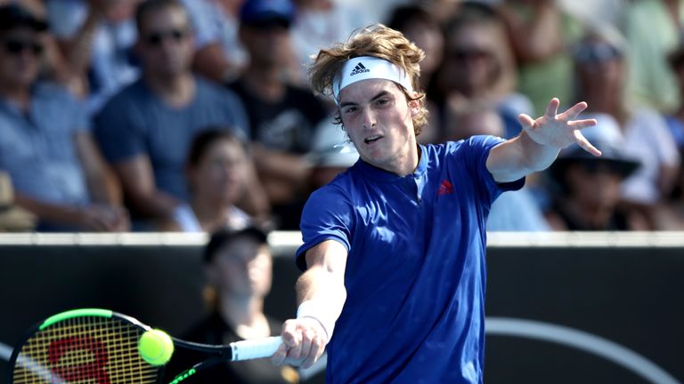 AUCKLAND, NEW ZEALAND - JANUARY 09: Stefanos Tsitsipas of Greece plays a forehand in his first round match against Lukas Lacko of Slovakia during day two o