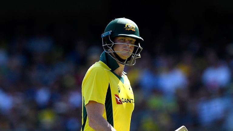 BRISBANE, AUSTRALIA - JANUARY 19:  Steve Smith of Australia looks dejected after losing his wicket during game two of the One Day International series betw