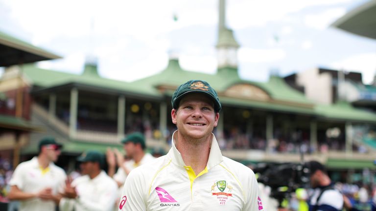 SYDNEY, AUSTRALIA - JANUARY 08:  Steve Smith of Australia celebrates victory and winning the Ashes during day five  of the Fifth Test match in the 2017/18 