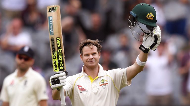 Australia's captain Steve Smith celebrates scoring his century against England on the final day of the fourth Ashes cricket Test match  at the MCG in Melbo